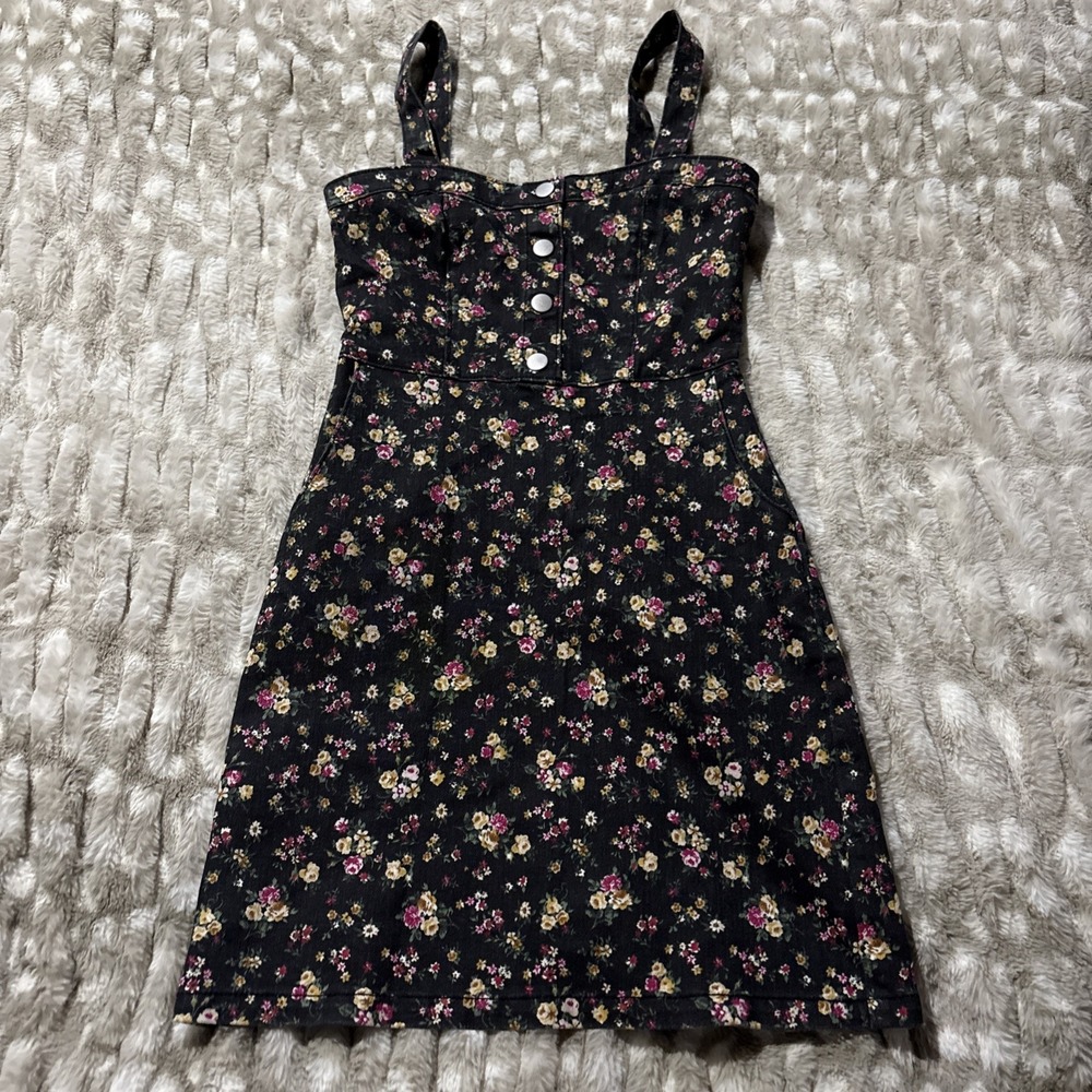 No Boundaries Charcoal Y2K Floral Denim Overall Dress Daisy Retro Size XS 1